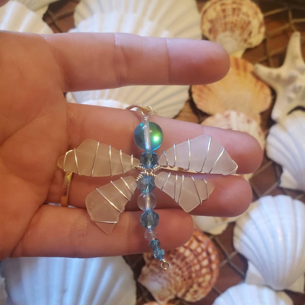 Authentic Sea Glass Dragonfly Hanging Sculpture Ornament - Mostly Blue - Natural Garden Decor Tiki Ocean Art Handmade