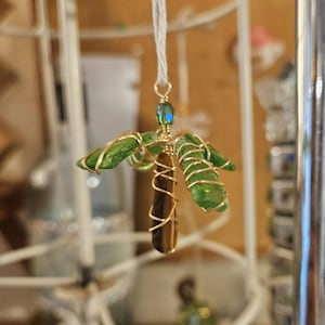 Authentic Sea Glass Palm Tree Hanging Sculpture Ornament Natural Garden Decor Tiki Ocean Art Handmade Brown + Green