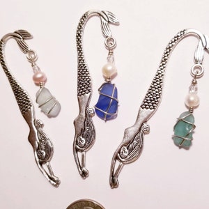 Authentic Sea Glass Mermaid Bookmark Silver Reader Gift Diving Tail Party Class Art Teacher Ocean Wedding Favor Cobalt Blue Green Seafoam