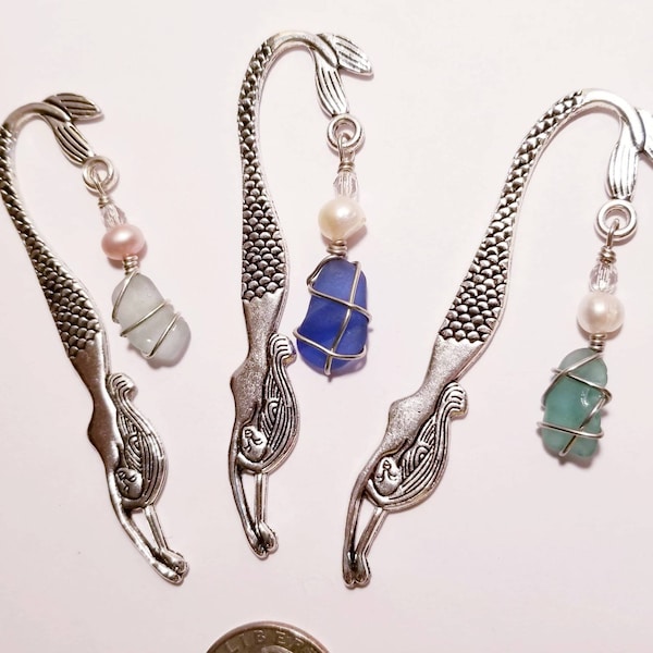 Authentic Sea Glass Mermaid Bookmark Silver Reader Gift Diving Tail Party Class Art Teacher Ocean Wedding Favor Cobalt Blue Green Seafoam