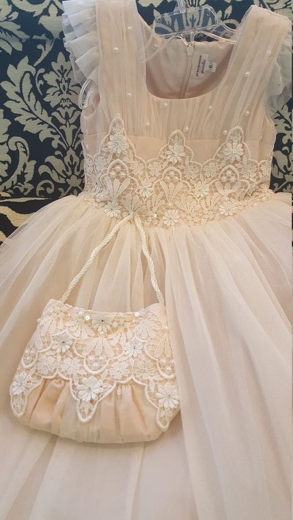Blush Color Lace And Tulle Dress With Pearls Etsy