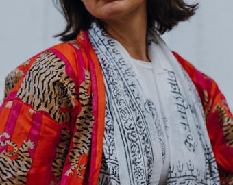 Broad Striped Tiger Print Cotton Kimono Robe | Pink & Orange
