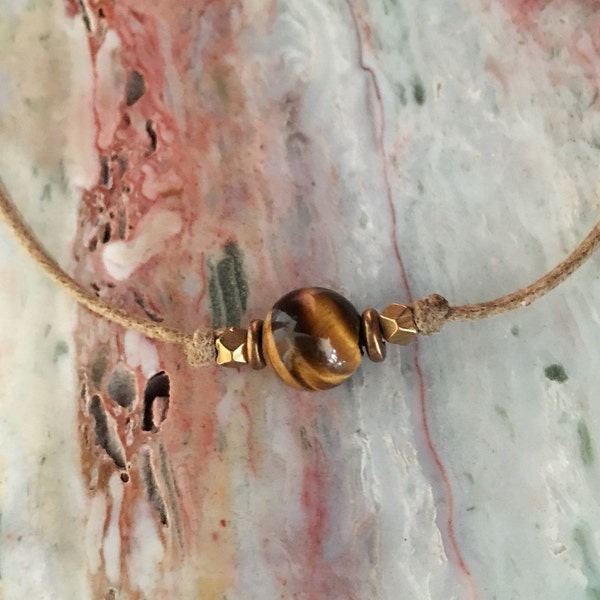 Tiger eye choker, Earthy natural stone choker, Gemstone choker, Layered choker, Tiger eye necklace, Simple brown bead choker necklace