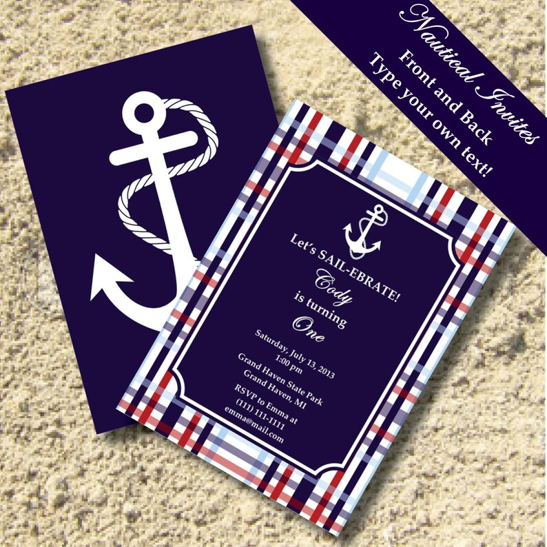 Preppy Nautical Anchor Plaid Printable Invitations Nautical | Etsy