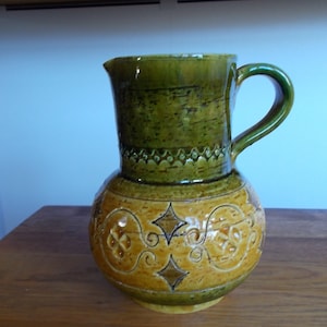 Lovely Mid Century Mustard Green Italy Ceramic Spagnolo Jug or Vase Aldo Londi Pottery Retro Fine Italian Art 1950 60s