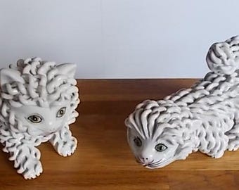 2 Vintage Lovely Italy Spaghetti Cats Animal Figurine Pottery Ceramic Italian Studio Art Mid-century 1950s Retro