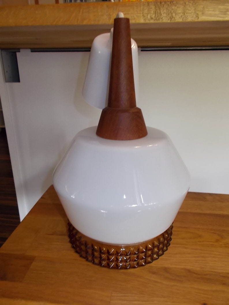 Vintage Sweden Opaline Amber Glass Teak Ceiling pendant lamp Swe Vintage Sweden Opaline Amber Glass Teak Ceiling pendant lamp Swe