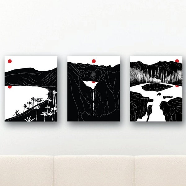 Under the Same Sun | Printable Wall Art, Digital Print, triptych, series, black, red, landscape, scenery, minimalist, modern