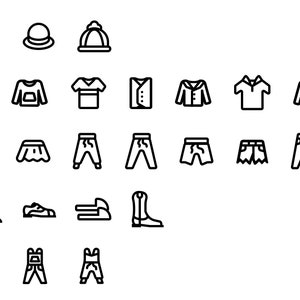 Clothing Icon Pack | 30 Icons, Clothing, Apparel, Clothes, Shirt, Pants, Shorts, Skirt, Dress, Blouse, Jacket, Coat, Hat, Stocking Cap