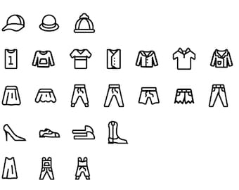 Clothing Icon Pack | 30 Icons, Clothing, Apparel, Clothes, Shirt, Pants, Shorts, Skirt, Dress, Blouse, Jacket, Coat, Hat, Stocking Cap