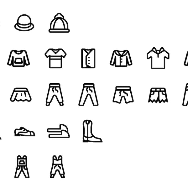 Clothing Icon Pack | 30 Icons, Clothing, Apparel, Clothes, Shirt, Pants, Shorts, Skirt, Dress, Blouse, Jacket, Coat, Hat, Stocking Cap