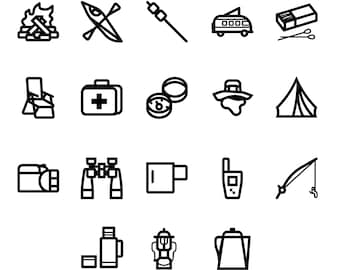 Camping Equipment Icon Pack | 18 Icons. Gear. Outdoors. Kayak. Fishing. Campfire. Fire. Roasting Marshmallows. Binoculars. Tent. Lantern.