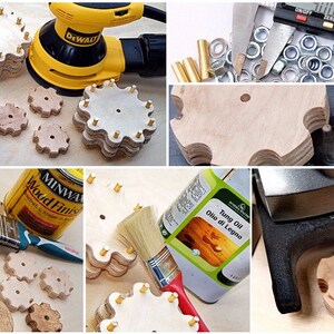 May include: A close-up of a wooden gear set with brass pins. The gears are being sanded with a yellow power sander. The gears are being stained with a brown wood finish. The gears are being oiled with a clear wood oil. The gears are being assembled with brass nuts and bolts. The gears are being drilled with a drill press.