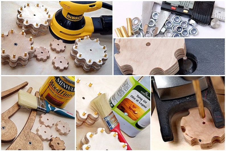 May include: A close-up of a wooden gear set with brass pins. The gears are being sanded with a yellow power sander. The gears are being stained with a brown wood finish. The gears are being oiled with a clear wood oil. The gears are being assembled with brass nuts and bolts. The gears are being drilled with a drill press.