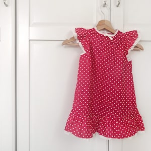 Polka dot Knopf hinten saftiges Farbe Mädchenkleid / Rüschen an Ärmeln und unten / Vintage aber mint neu aus den 1980er Jahren UdSSR / Alter 4-6