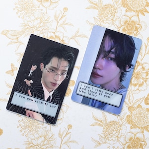 May include: Two photo cards with black and white images of men. The text on the cards reads "can you lock if in?" and "can i come over and stare at you like this?"