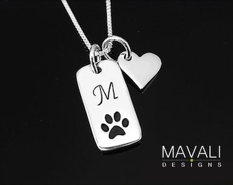 Paw Print Initial Necklace with Heart, Dog Necklace,Cat Necklace, Silver Paw Print Necklace, Animal Lover Necklace, Pet Memorial Necklace