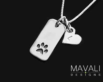 Paw Print Necklace with Initial Heart, Dog Necklace,Cat Necklace, Silver Paw Print Necklace, Animal Lover Necklace, Pet Memorial Necklace