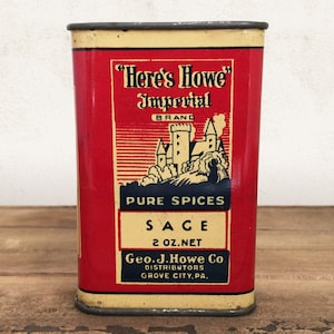 Vintage Here&#39;s Howe Imperial Spice Tin, Antique Rare General Store Advertising Food Can for Rustic Farmhouse Kitchen Decor