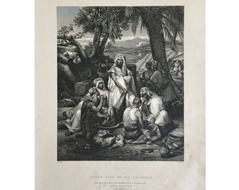 Antiker christlicher Druck - Joseph verkauft von seinen Brüdern, religiöses Vintage-Folio-Exlibris, alte Ätzwandkunst zum Einrahmen