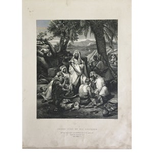 May include: A black and white engraving depicting a biblical scene of Joseph sold by his brothers. The engraving shows Joseph standing in the center of the group, surrounded by his brothers. The scene is set in a desert landscape with a palm tree in the background. The text below the image reads "Joseph sold by his brethren."