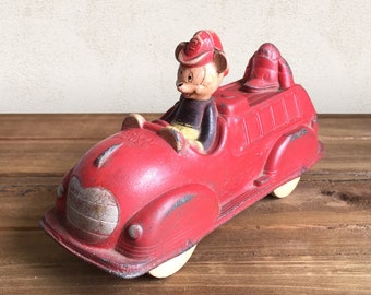 Vintage 1930s Mickey Mouse Fire Truck Sun Rubber Push Toy, Walt Disney Red Fire Engine Collectible with Donald Duck
