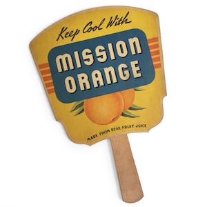Mission Orange Werbeschild, Vintage Orange Soda Papier Handfächer, Soda pop Sammlerstück, Kitchenalia, Bunte Küche Wand Kunst Dekor
