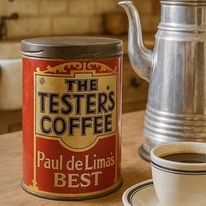 Vintage The Tester&#39;s Coffee Tin, Antique Paul DeLima&#39;s Best General Store Advertising Can for Farmhouse Rustic or Industrial Kitchen Decor