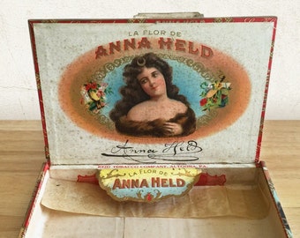 Vintage Cigar Box, La Flor De Anna Held Cigar Label, Tobacco Advertising, General Store Display Box, Antique Theater Actor Cigar Labels