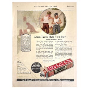 Antike Colgate Zahnpasta Band Mundcreme Anzeige, kleine Wandkunst Badezimmer Dekor, alte 1920er Jahre Zeitschriftenwerbung