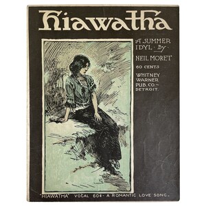 Vintage Sheet Music, Hiawatha, Music Cover, Small Wall Art, Gift for Musician, Old Piano Music, Musical Antique, Classical Love Song Book