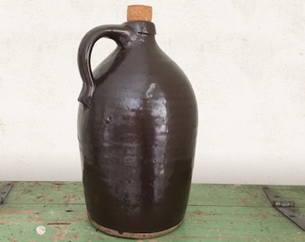 Antique Stoneware Whiskey Jug, Brown Salt Glazed Beehive Crock, Rustic Farmhouse Pottery Decor