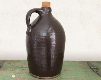 Vintage Stoneware Crock, Antique Whiskey Jug, Brown Salt Glazed Clay Pottery, Hand Thrown Field Jug, Rustic Primitive Farmhouse Home Decor