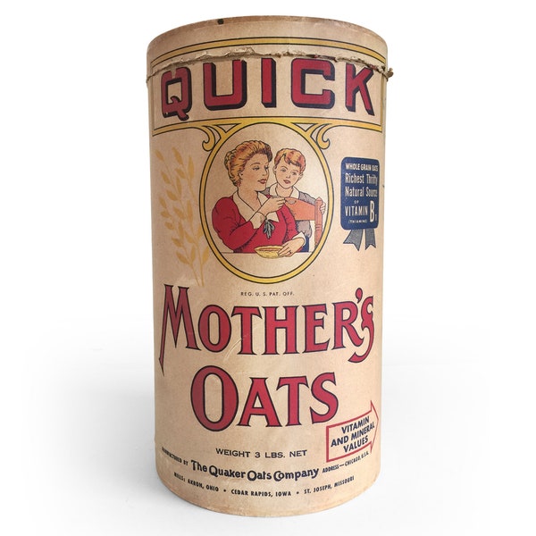 Vintage Quaker Quick Mother's Oats Box, Packaging Design, Quaker Oats Cardboard Box, Food Label, Pantry Organization, Rustic Kitchen Storage