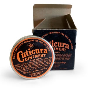 Cuticura Ointment Vintage Tin and Box, Cosmetic Packaging, Bath Cabinet Shelf Decoration, Medical Advertising Can, Rustic Bathroom Decor