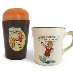 Vintage Little Orphan Annie Ovaltine Mug Set with Shaker, Beetleware Cartoon Novelty Cups, Food Advertising