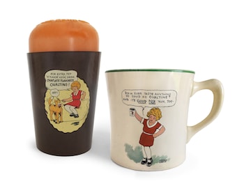 Little Orphan Annie Vintage Becher Set, Ovomaltine Shaker und Tasse, Braun mit Orange Top, Beetleware, Cartoon Neuheit Tassen, Lebensmittel Werbung