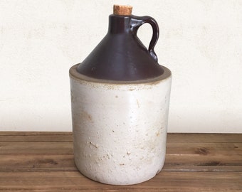 Vintage Stoneware Crock, Brown and Beige Salt Glazed Pottery, Antique Whiskey Jug, Crockery, Rustic Primitive Farmhouse Home Decor