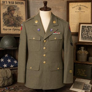 May include: An olive drab wool military service jacket featuring gold-toned buttons, two chest pockets, two lower pockets, and various embroidered patches on the sleeves. The jacket includes small lapel pins and a multi-colored ribbon bar on the chest.