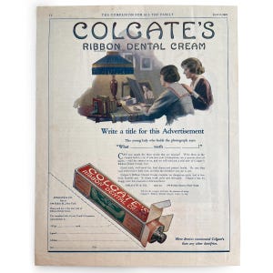 Antike Colgate Zahnpasta Band Mundcreme Anzeige, kleine Wandkunst Badezimmer Dekor, alte 1920er Jahre Zeitschriftenwerbung