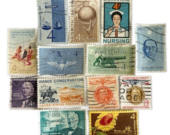 1961 Commemorative Postage Issues, Complete Set of 13 Vintage Cancelled Stamps, US Scott 1174–1190 Philatelic Collectible