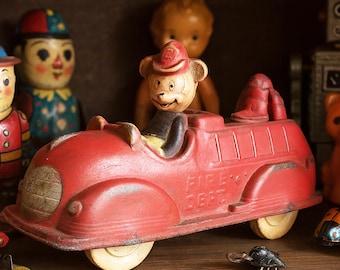 Vintage 1930s Mickey Mouse Fire Truck Sun Rubber Push Toy, Walt Disney Red Fire Engine Collectible with Donald Duck