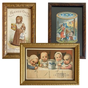 Antike gerahmte Werbekarten, viktorianische Sammelkarte, Vintage Wanddekor, kleine Kunst, Freunde Hafer, Clark's Thread, Adler Marke Milch Ad