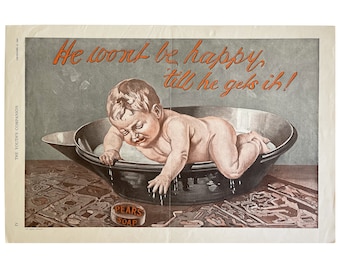 Antique Pears Soap Ad, Baby in Bath Tub, Vintage Victorian Bathroom Wall Art, Old Magazine Print