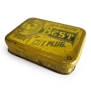 Vintage JG Dill&#39;s Tobacco Tin: General Store Tobacco Advertising Can, Metal Cigarette Case
