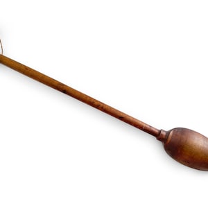May include: A long, wooden spoon with a rounded, oval-shaped bowl. The spoon has a brown color and a string tied to the handle.