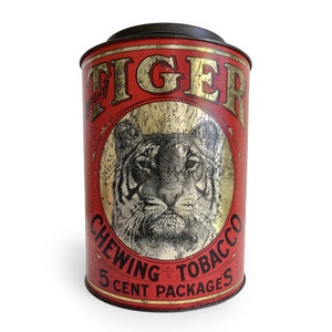 Vintage Tobacco Tin, Tiger Chewing Tobacco Canister, Tobacco Advertising, General Store Display, Metal Bin, Rustic Home Decor