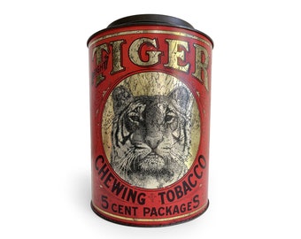 Antique Tiger Tobacco Tin Canister, Vintage Tobacco Tin Can, Tobacco Advertising, General Store Display, Metal Bin, Rustic Home Decor