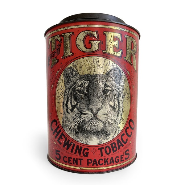 Antique Tiger Tobacco Tin Canister, Vintage Tobacco Tin Can, Tobacco Advertising, General Store Display, Metal Bin, Rustic Home Decor