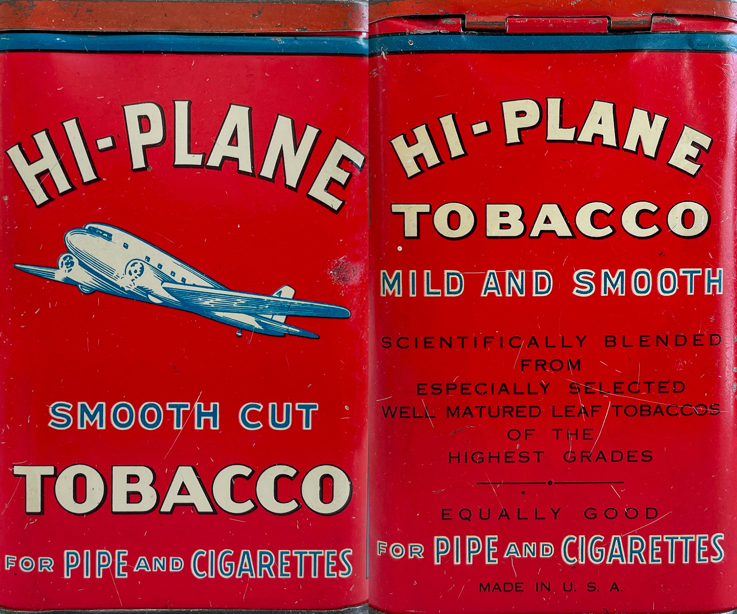 airplane cigarettes Vintage Hi-plane Dual Engine Pocket Tobacco Tin With Tax Stamp, Rustic  General Store Advertising Collectible Can